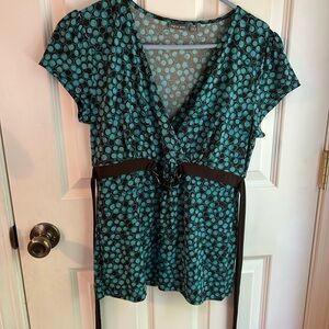Apt. 9 Teal and Brown Polka Dot Short Sleeve Wrap Blouse